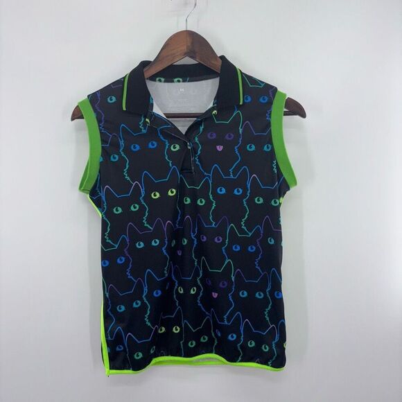 Neon Cat Black  Golf Polo Tank Size M Y2K Kawaii Alt Quick Dry Stretch UPF Shirt - Picture 1 of 4